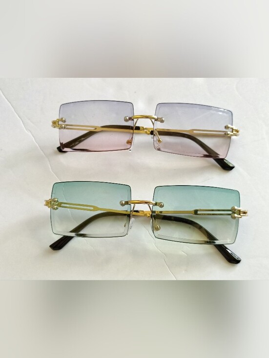 Accessories - Rimless Gradient Square Sunglasses Gold Frame Green and Purple Lenses